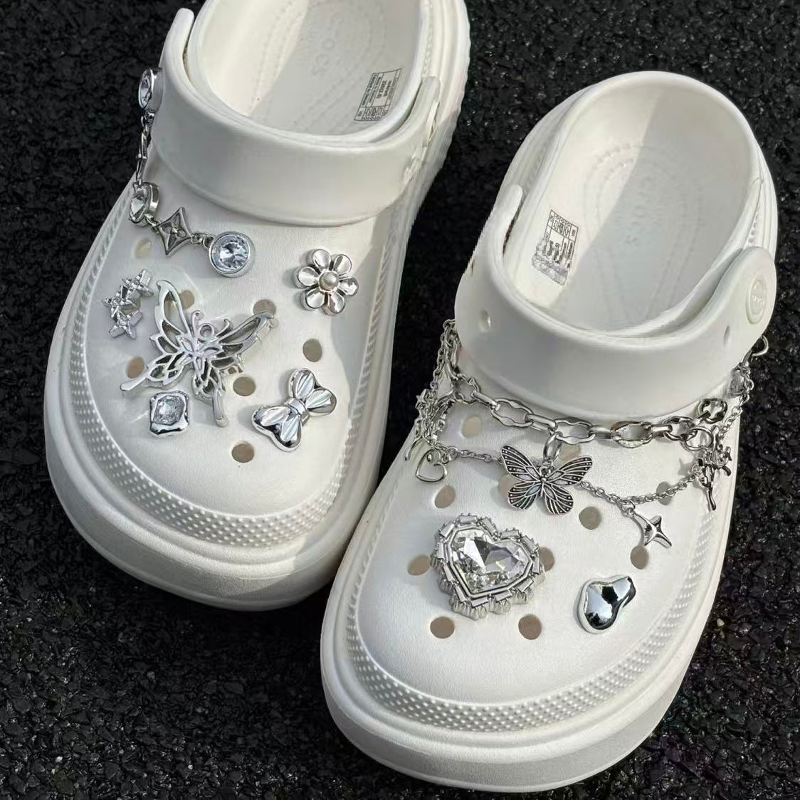Crocs shoe charms: electronic silver butterfly